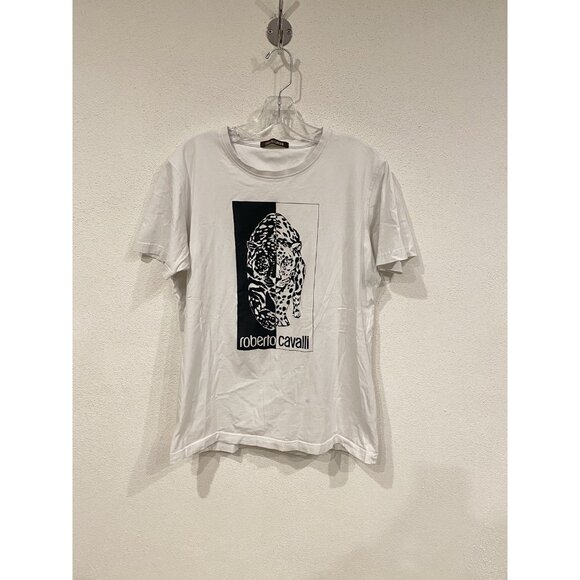Roberto Cavalli Shirt Womens XL White Leopard Graphic Tee Short Sleeve Designer - Picture 1 of 4